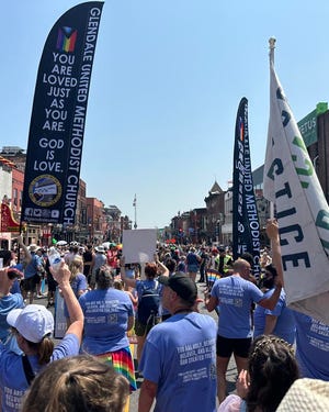 Glendale United Methodist Church, an LGBTQ-affirming congregation, marches in the 2023 Nashville Pride Parade. (Courtesy of Heather Thomas, a Glendale United Methodist member).